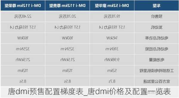 唐dmi预售配置梯度表_唐dmi价格及配置一览表