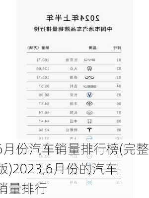 6月份汽车销量排行榜(完整版)2023,6月份的汽车销量排行